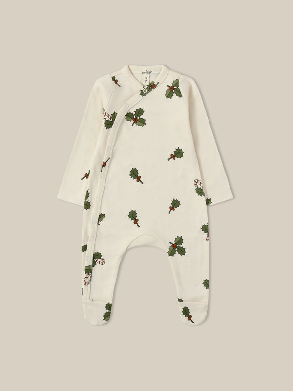 baby christmas holly & candy cane footed sleepsuit in cream with through front poppers