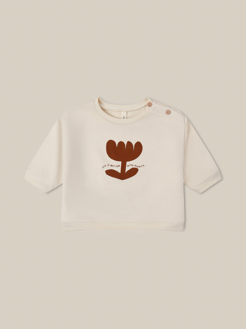 baby undyed cotton sweatshirt in cream with plant print LIFE IS BETTER WITH PLANTS text & buttons on left shoulder