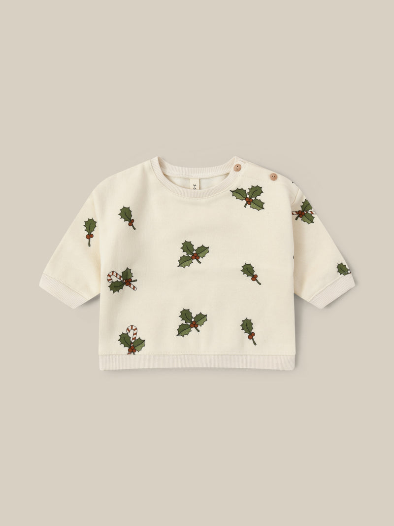 baby cream brushed french cotton christmas sweatshirt with holly & candy cane prints