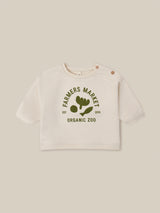 baby sweatshirt in cream with green ORGANIC ZOO FARMERS MARKET logo & prints