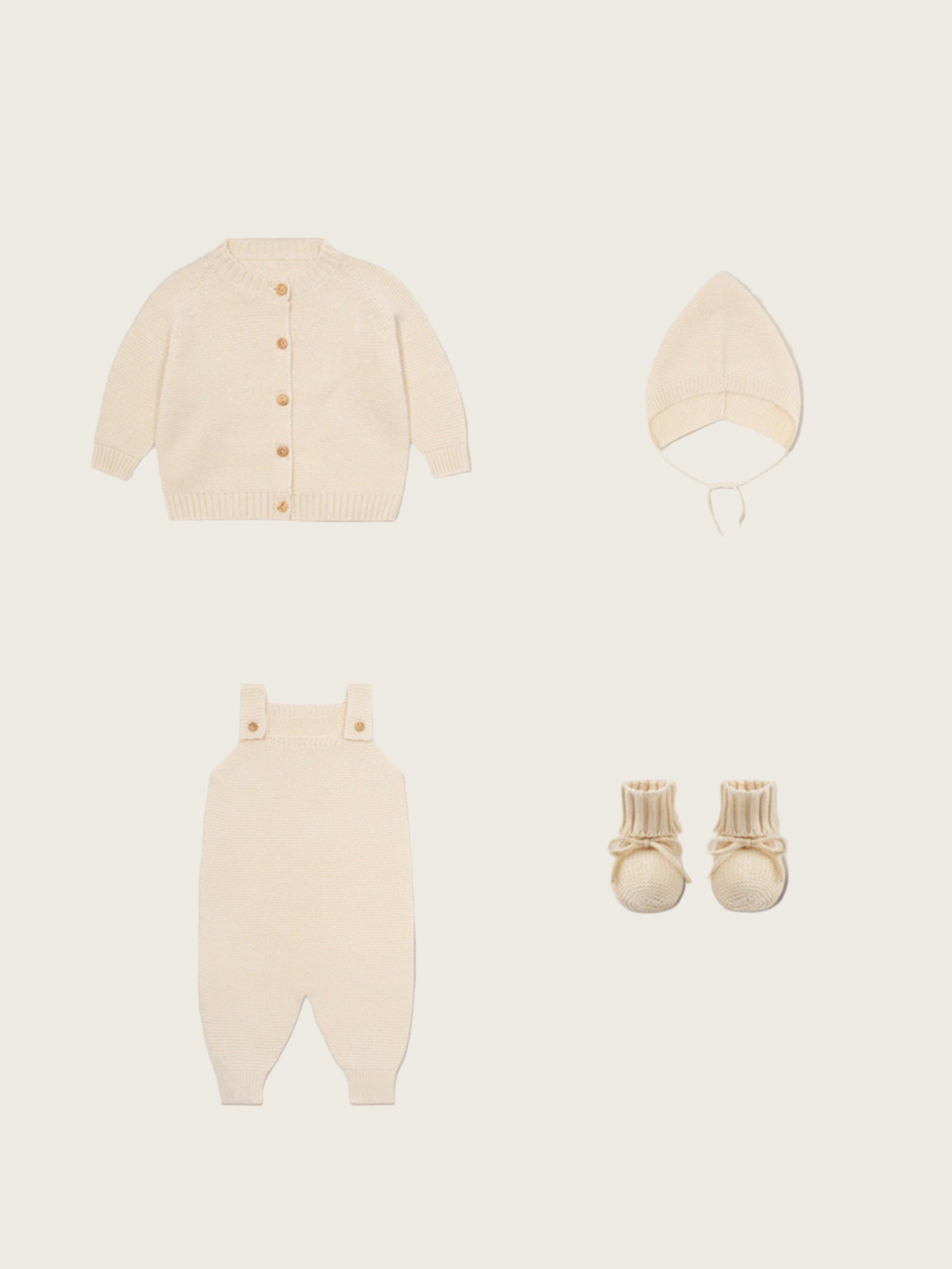 O~Z undyed cotton baby clothing set with cardigan, romper, booties, and hat
