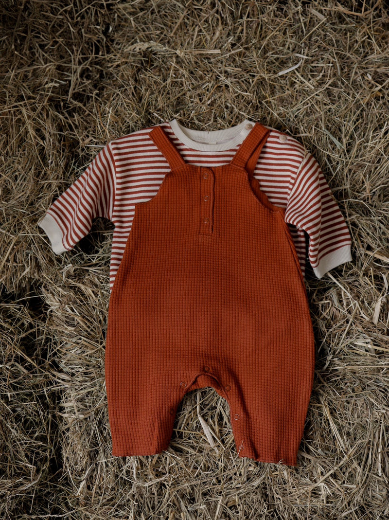 baby red & white stripes sweatshirt & red waffle salopettes on farm straw