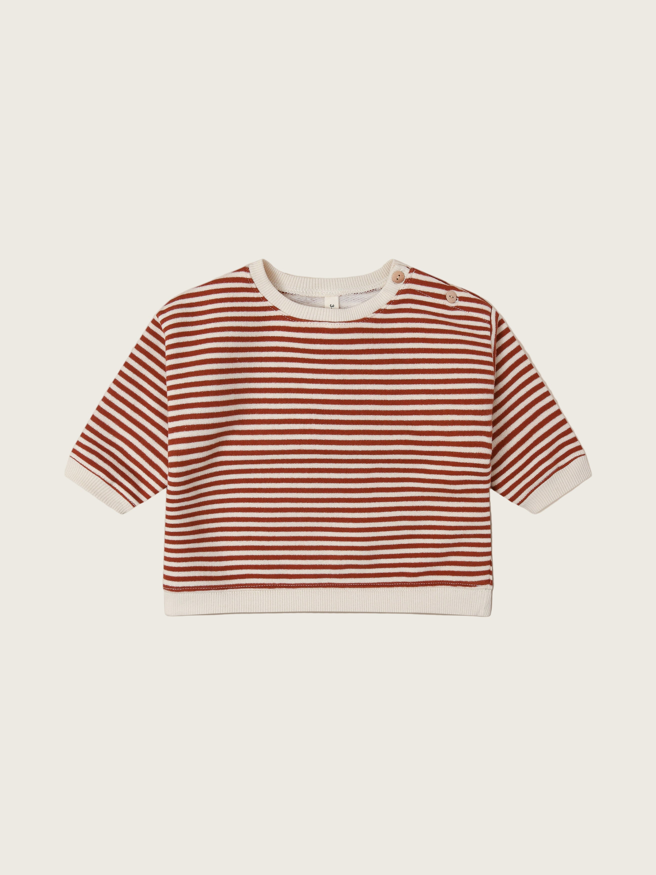 baby terry cotton sweatshirt in red and white stripes with two buttons on left shoulder