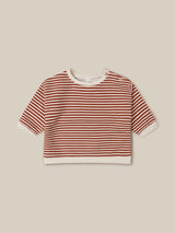 baby terry cotton sweatshirt in red and white stripes with two buttons on left shoulder