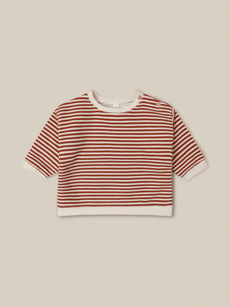 baby terry cotton sweatshirt in red and white stripes with two buttons on left shoulder