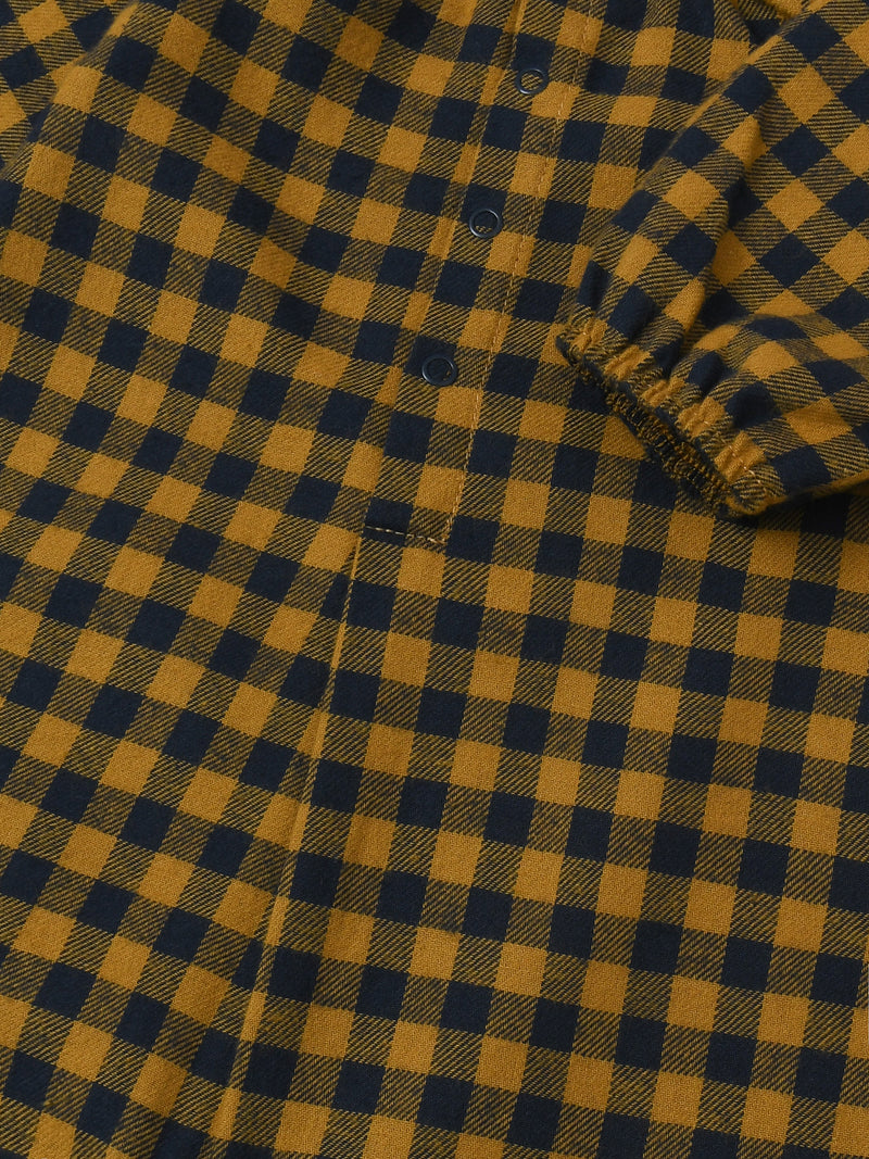 close up of checkered navy & yellow gingham flannel onesie with front & crotch poppers