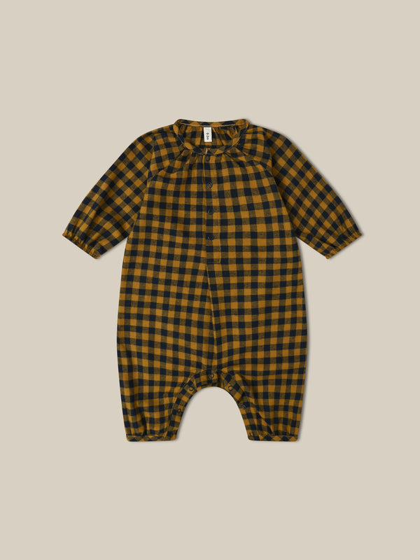 baby & toddler checkered navy & yellow gingham flannel onesie with front & crotch poppers