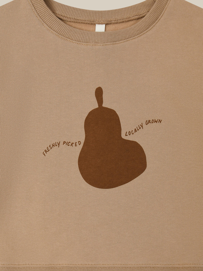 baby & toddler terry cotton sweatshirt in brown with pear FRESHLY PICKED LOCALLY GROWN text