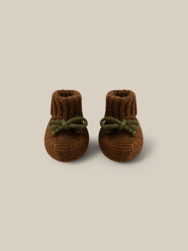 baby and toddler wool booties in brown with dark green ribbons