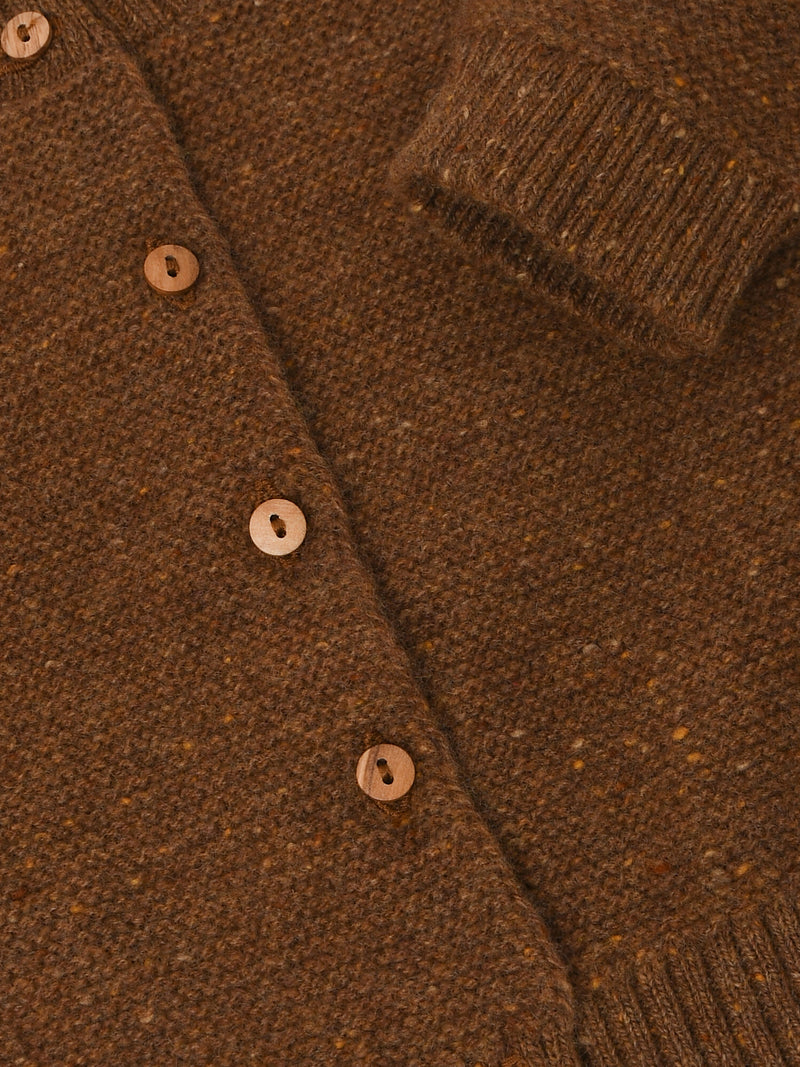 close up of button down wool cardigan in brown