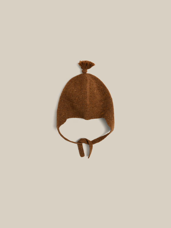 baby and toddler wool hat in brown with tassel and chin tie