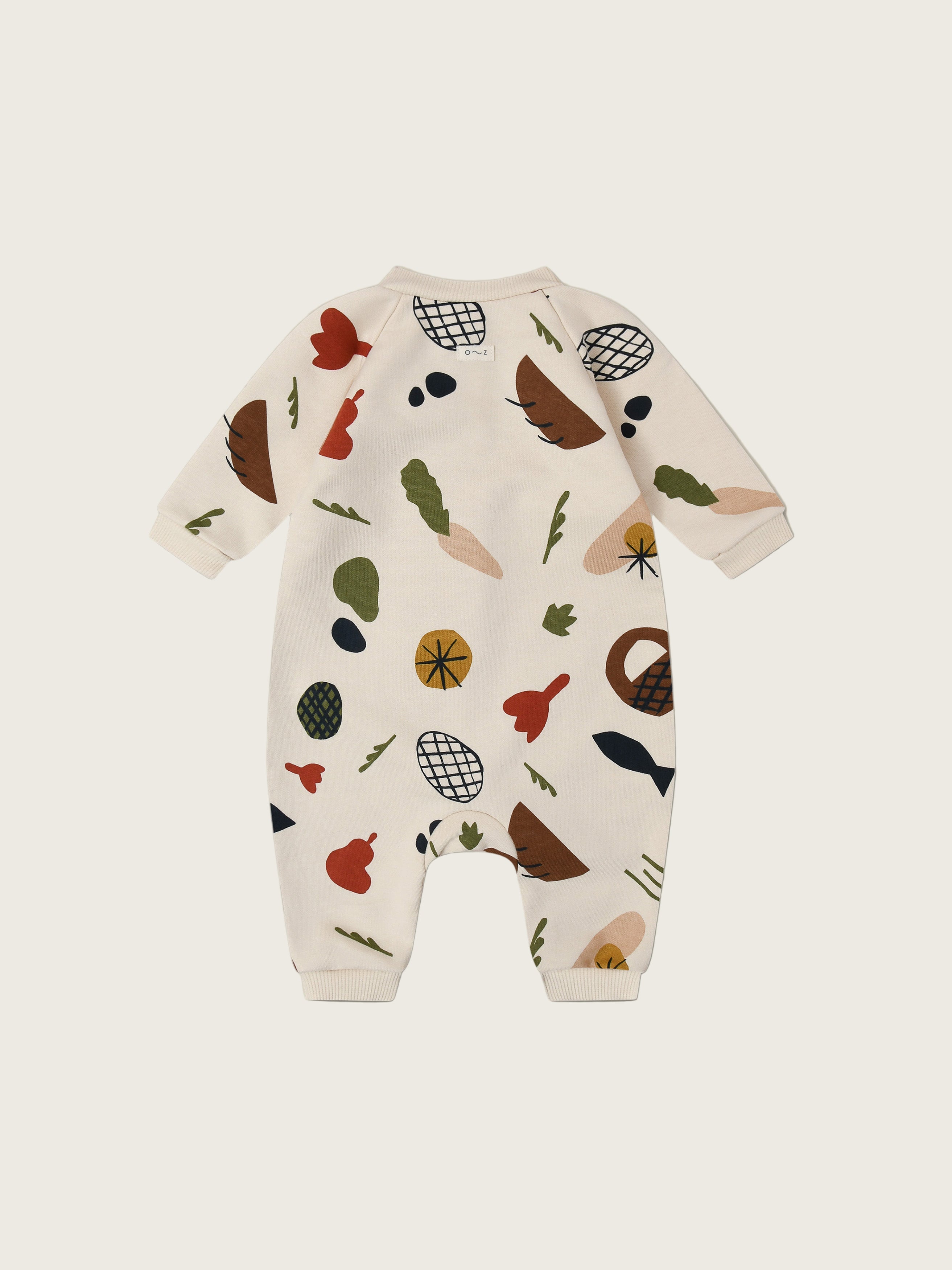 baby & toddler cream long-sleeve onesie with fruits vegetables & basket prints front & crotch poppers