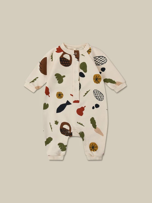 baby & toddler cream long-sleeve onesie with fruits vegetables & basket prints front & crotch poppers