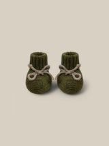 baby and toddler wool booties in dark green with grey ribbons