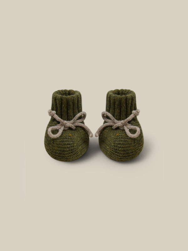 baby and toddler wool booties in forest moss green with grey ribbons