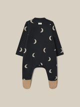 baby & toddler footed suit in black with cream moons beige feet & popper-down front