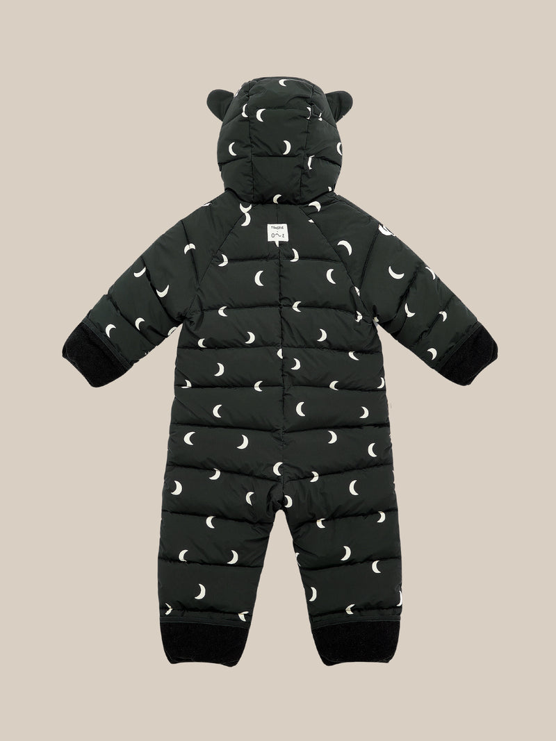 baby & toddler midnight black double zip padded snowsuit with white moons & hood with animal ears