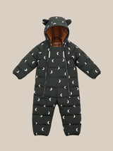 baby & toddler midnight black double zip padded snowsuit with white moons & hood with animal ears 