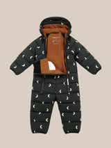 baby & toddler midnight black double zip padded snowsuit with white moons & hood with organic cotton lining