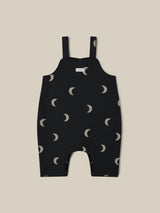 baby & toddler terry cotton salopette in black with cream moons & three front poppers