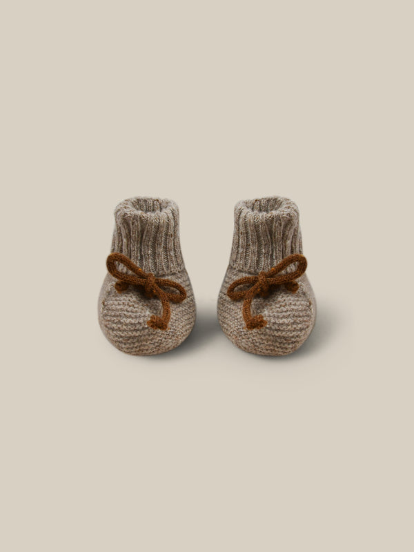 baby and toddler wool booties in cream with brown ribbons