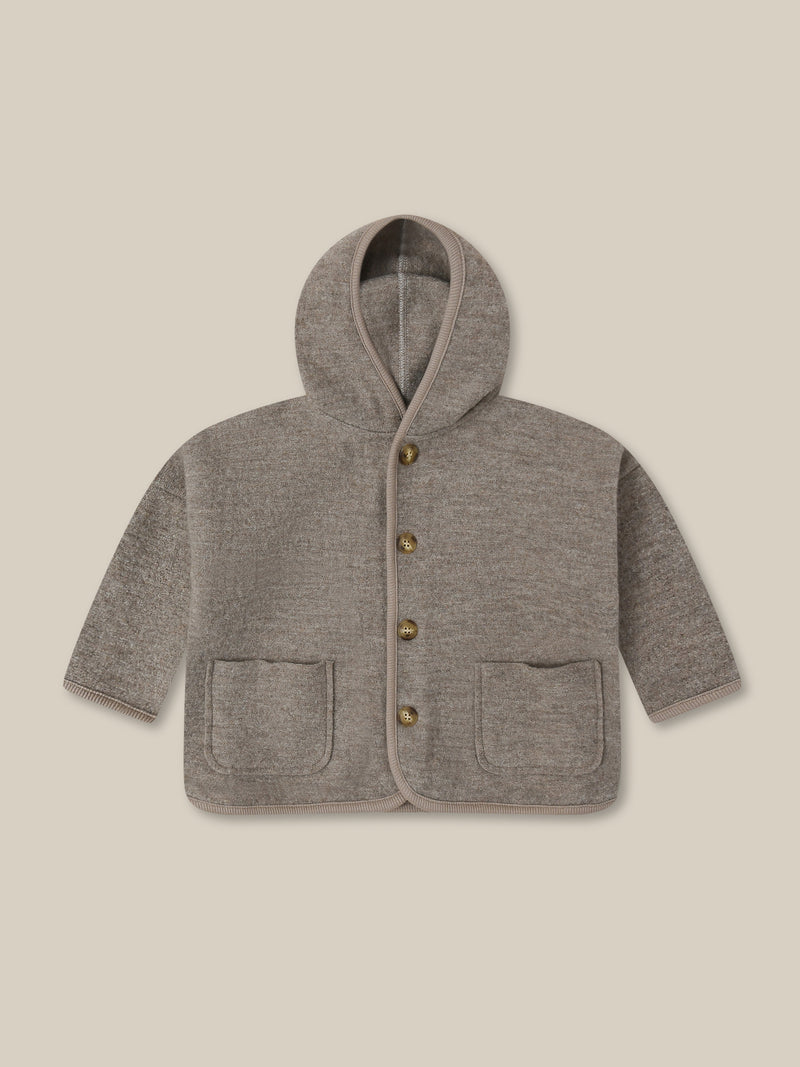 baby & toddler button down wool jacket in cream with hood pockets & tortoise buttons