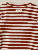 close up of ribbed cotton wrap bodysuit in red and white stripes with front and crotch poppers