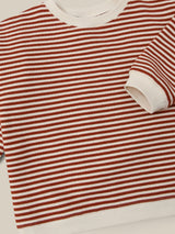 close up of terry cotton sweatshirt in red and white stripes 