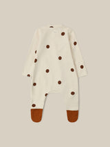 baby & toddler footed suit in cream with brown dots & feet popper-down front