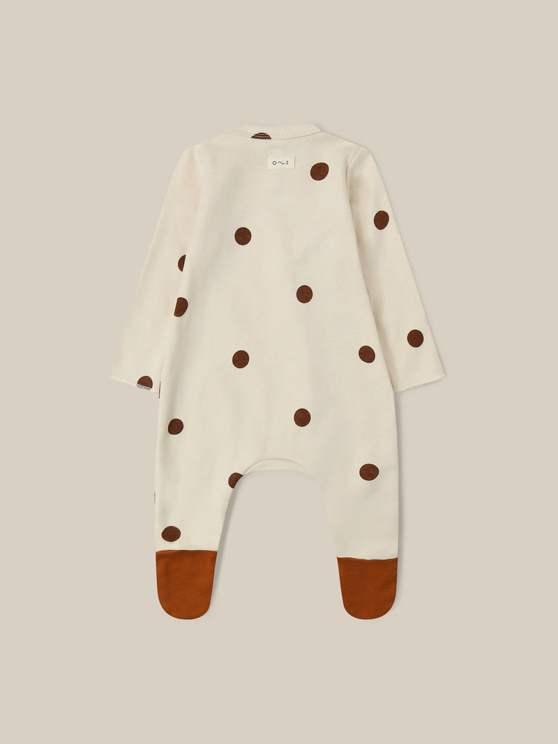 baby & toddler footed suit in cream with brown dots & feet popper-down front