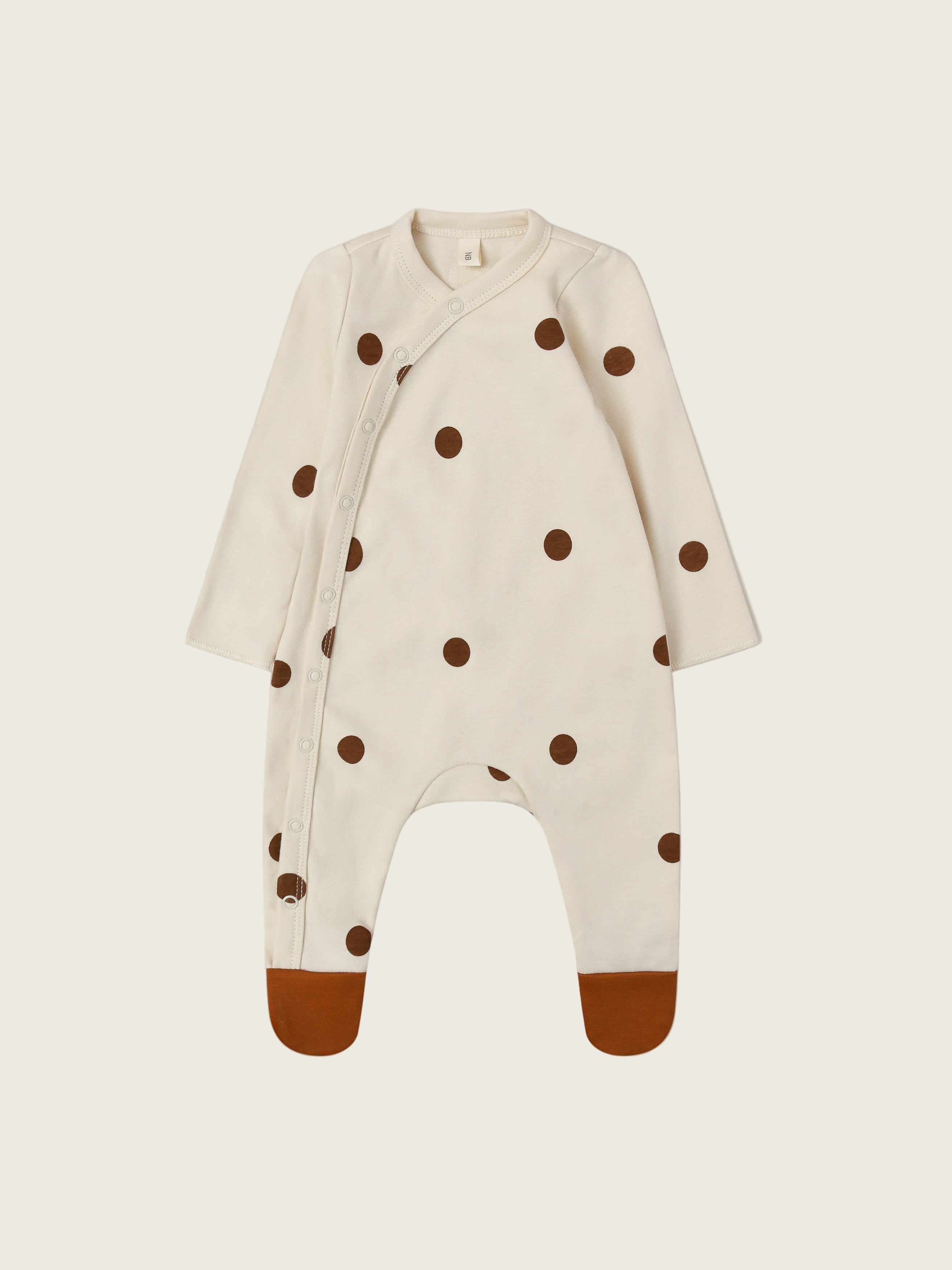 baby & toddler footed suit in cream with through front poppers brown dots & feet