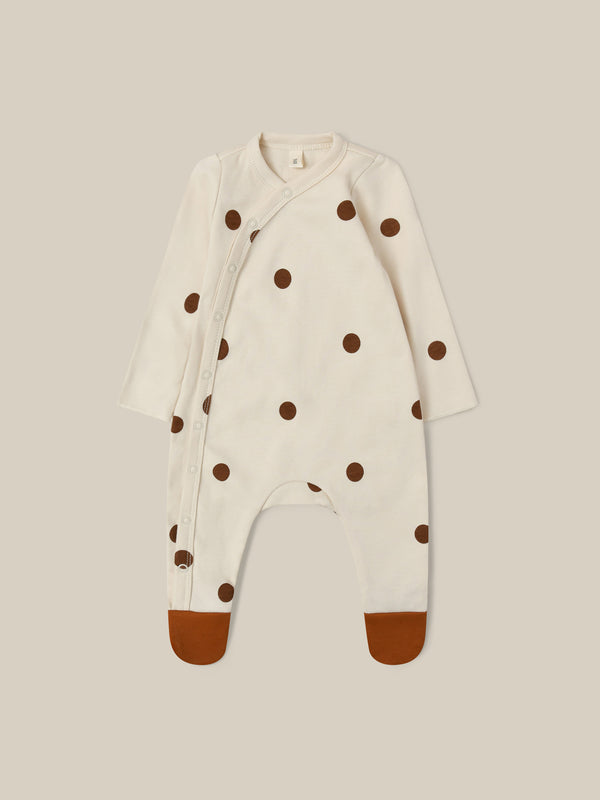 baby & toddler footed suit in cream with through front poppers brown dots & feet 