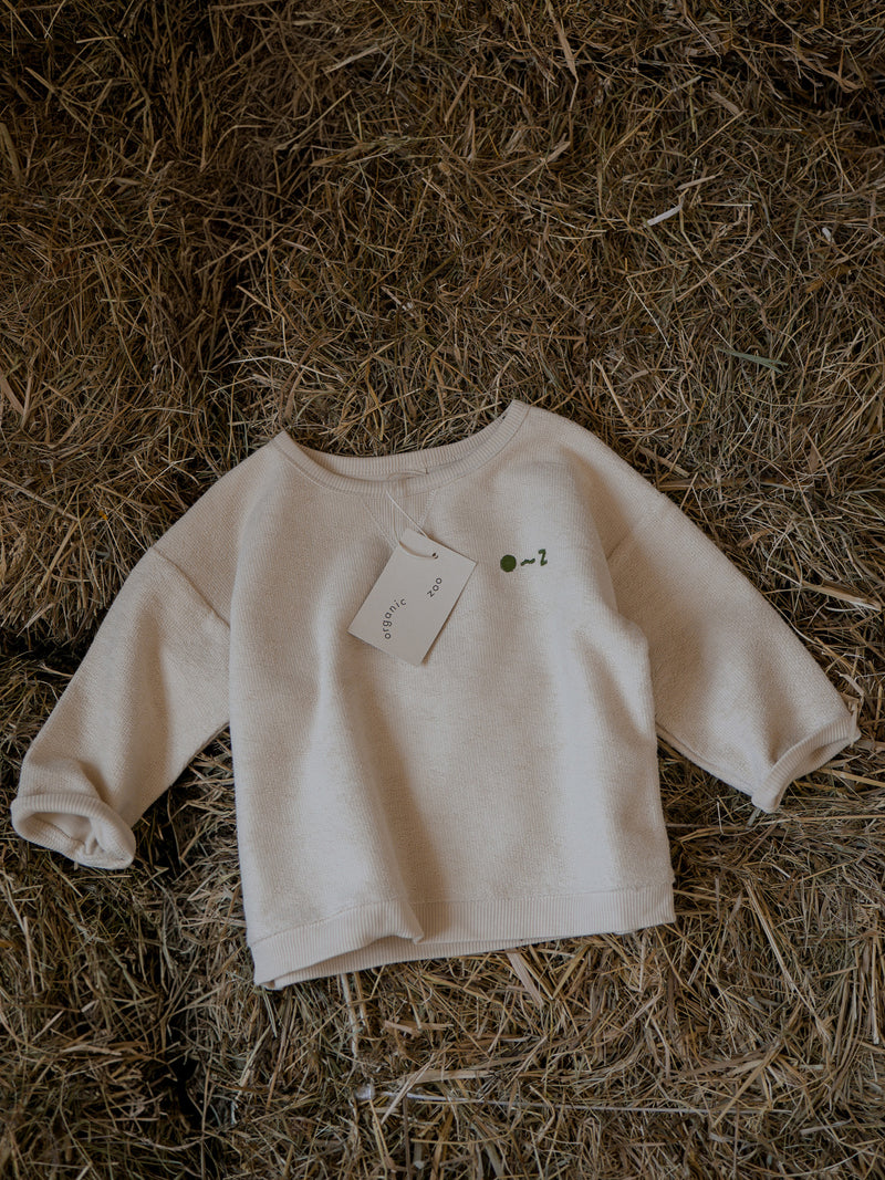 baby and toddler undyed cotton sweatshirt in cream with embroidery lying on top of straw crops