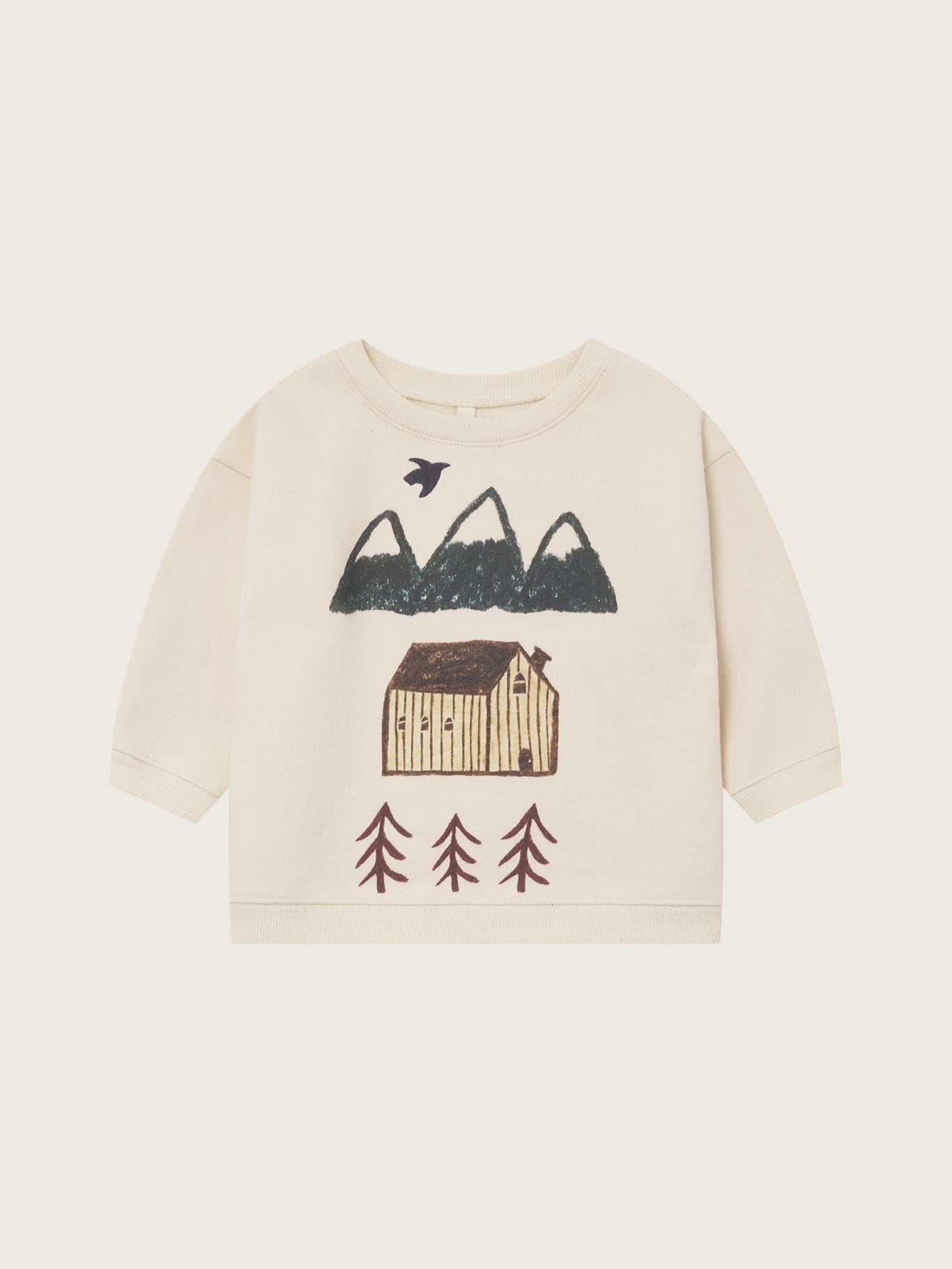 toddler cream undyed cotton sweatshirt with mountain, cabin and trees illustration on the front