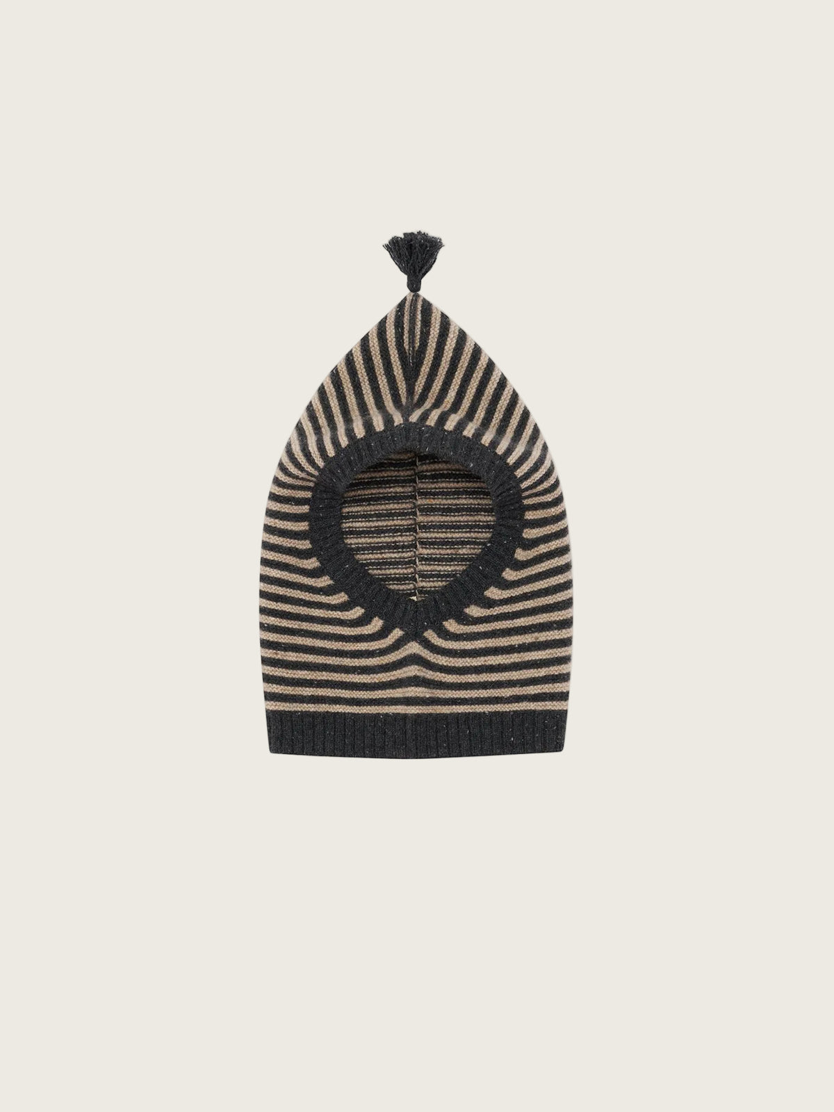 A knit beanie hat with horizontal stripes in black and beige, featuring a large circular ventilation hole on the front, a black ribbed brim, and a small black pom-pom on top, shown against a plain white background.
