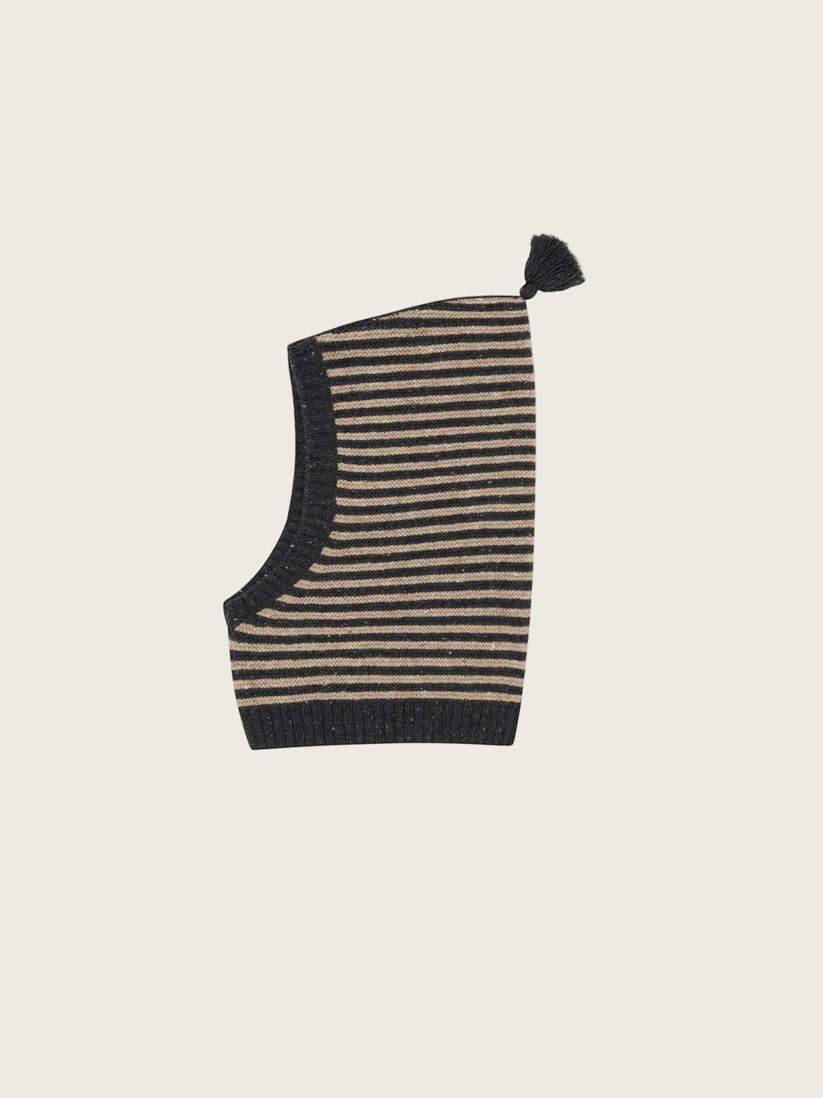 A knit balaclava with horizontal beige and black stripes, featuring a black pom-pom on the top edge, shown against a plain white background.