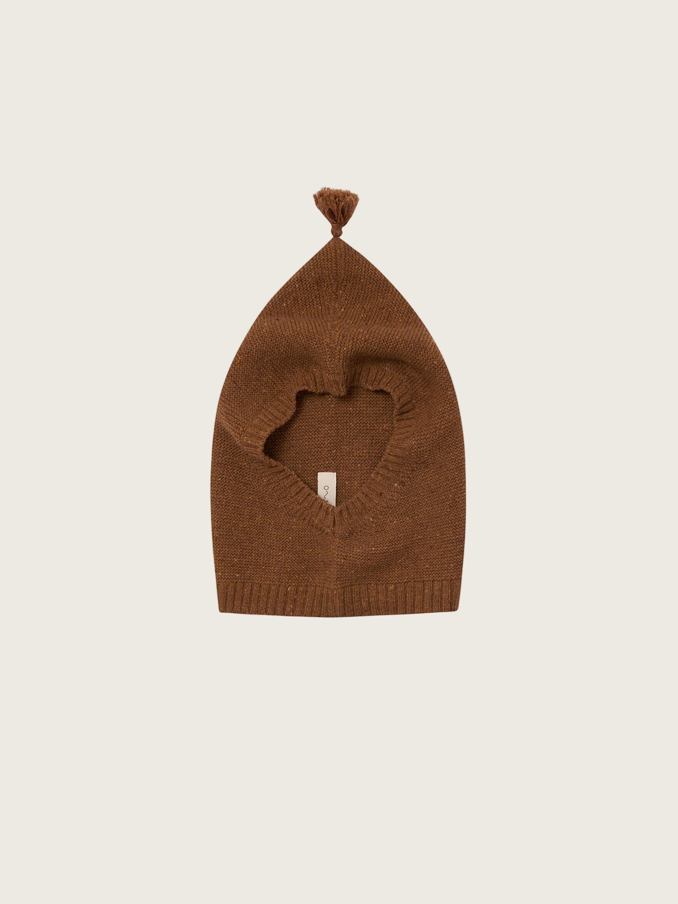 toddler chestnut brown wool knitted balaclava with ribbed trim and tassel