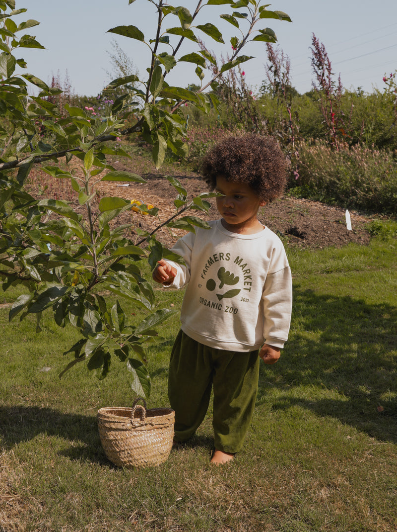 child in cream sweatshirt with logo text & green wide long pants pointing to tree sapling