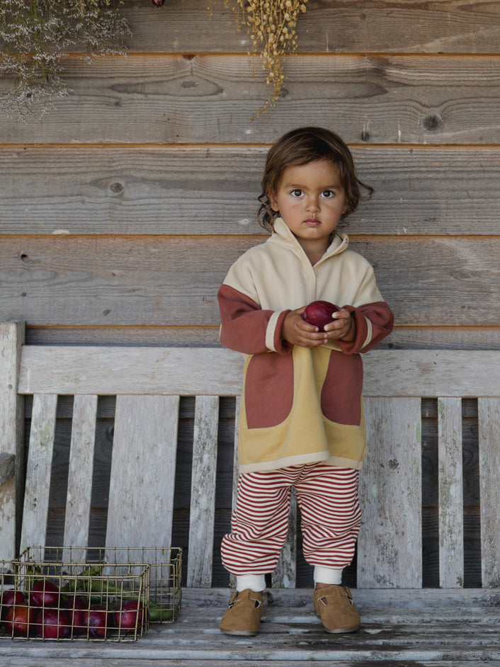 child in colour block sweater & stripes sweatpants holding apple standing beside baskets of apples & pea pods