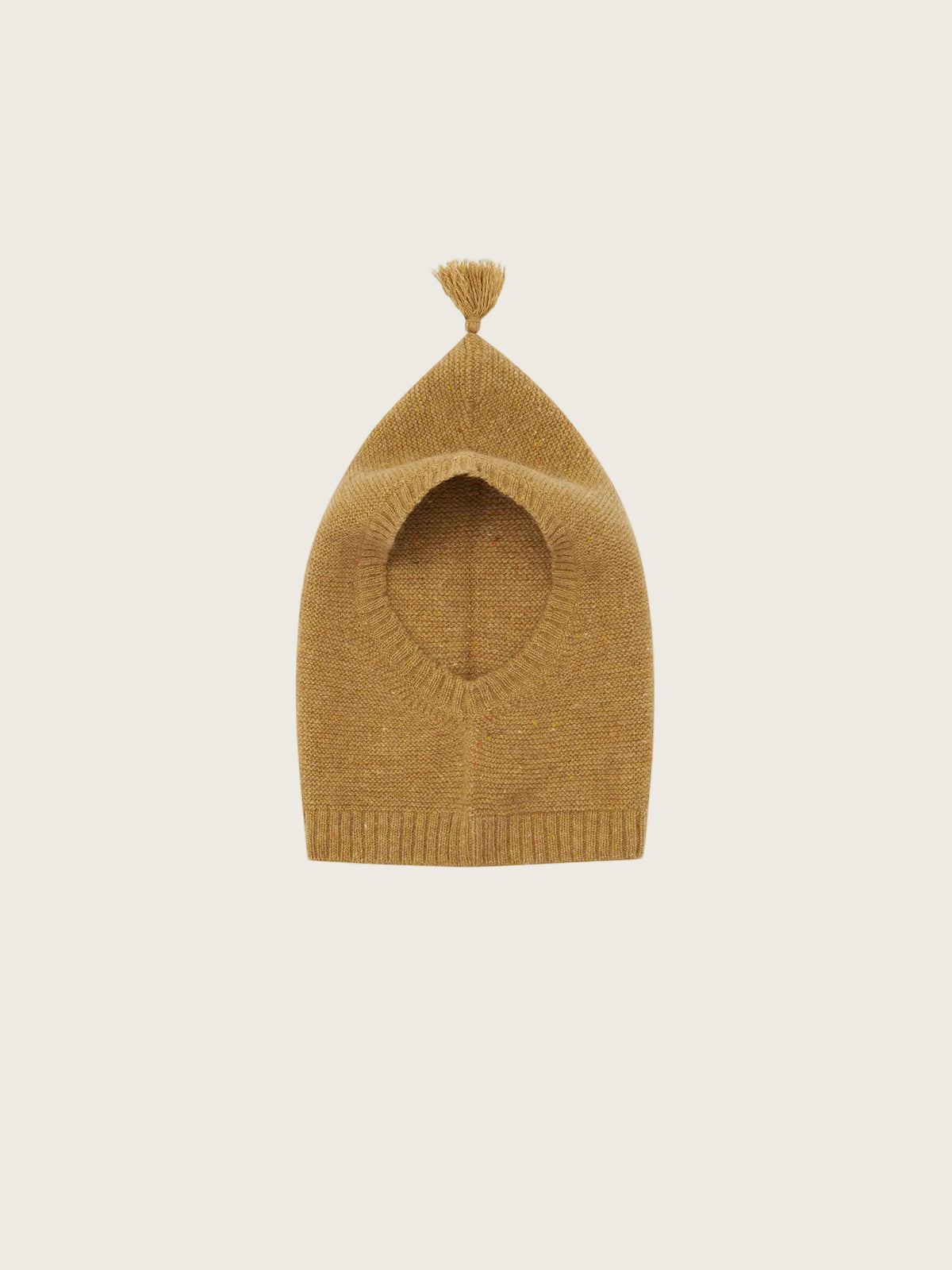 A mustard yellow knit beanie with a small top pom-pom, shown against a plain white background.