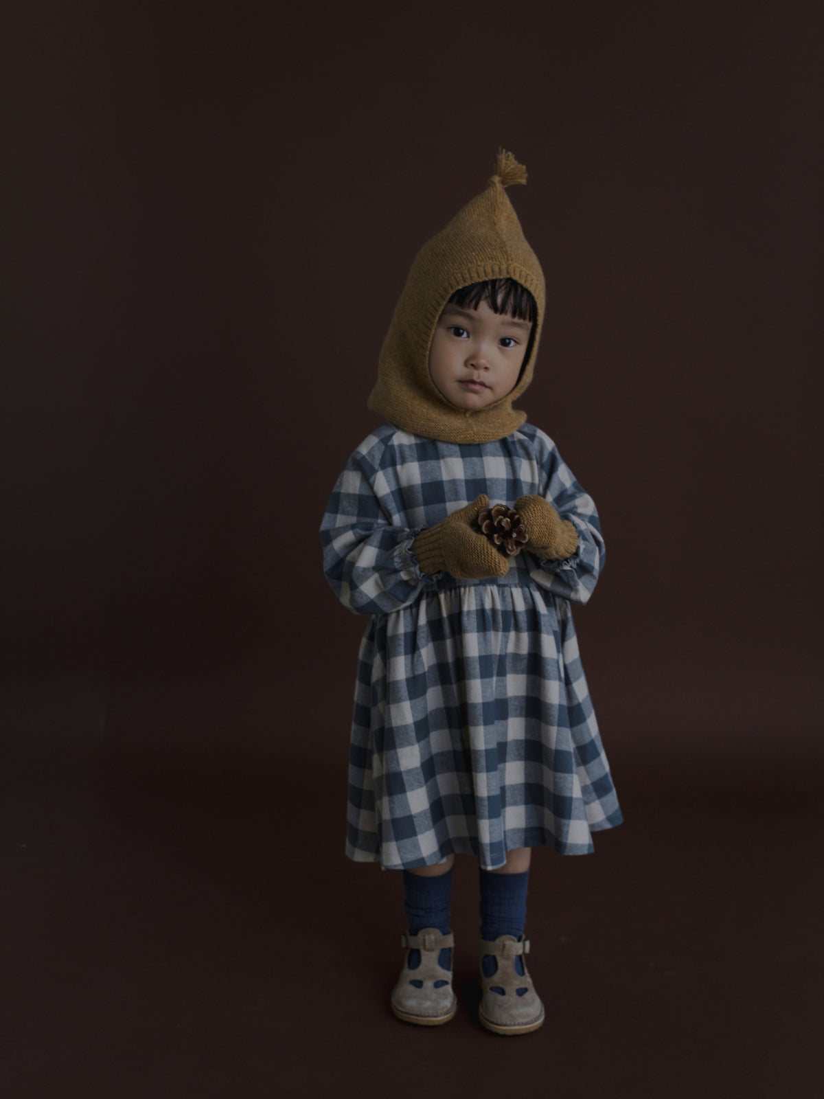 A young child stands against a dark brown studio background wearing a blue and white gingham dress, blue socks, tan knit mittens, and a tan knit hood with a pom-pom.