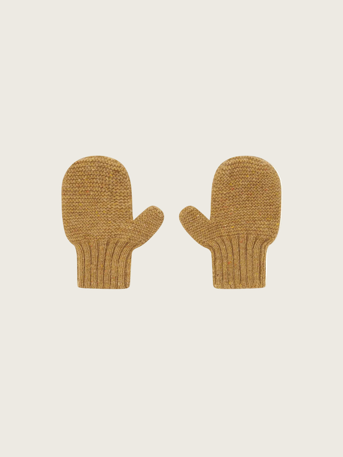 A pair of mustard yellow knit mittens shown flat against a solid white background.