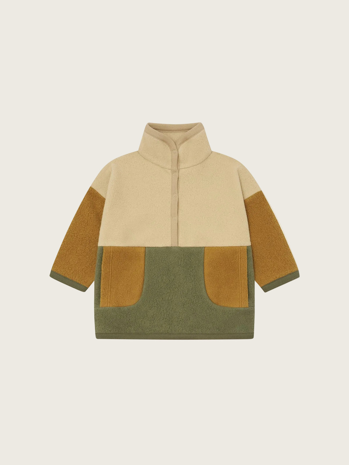 A color-blocked fleece jacket with a beige upper body, mustard yellow sleeves, and an olive green lower body with matching pocket panels, shown on a plain white background.
