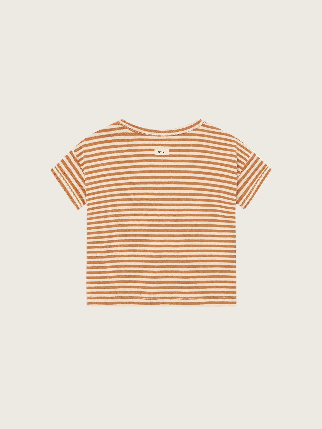 Striped t-shirt with a brand logo on the back against a white background