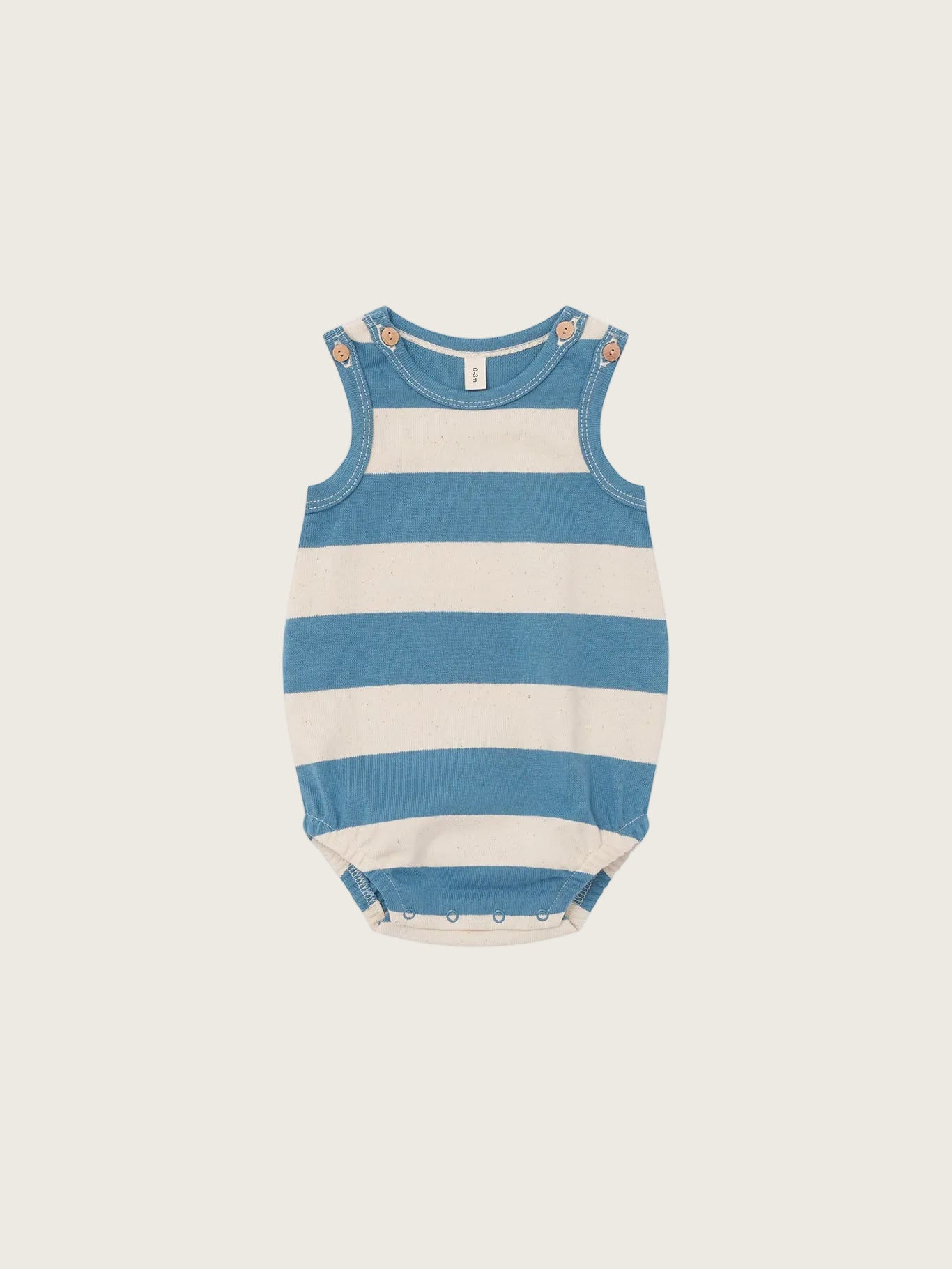Blue and white striped baby onesie on a white background