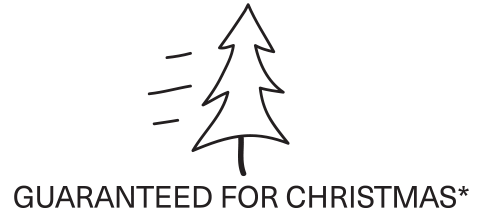 Black outline of a Christmas tree with 'Guaranteed for Christmas*' text on a white background