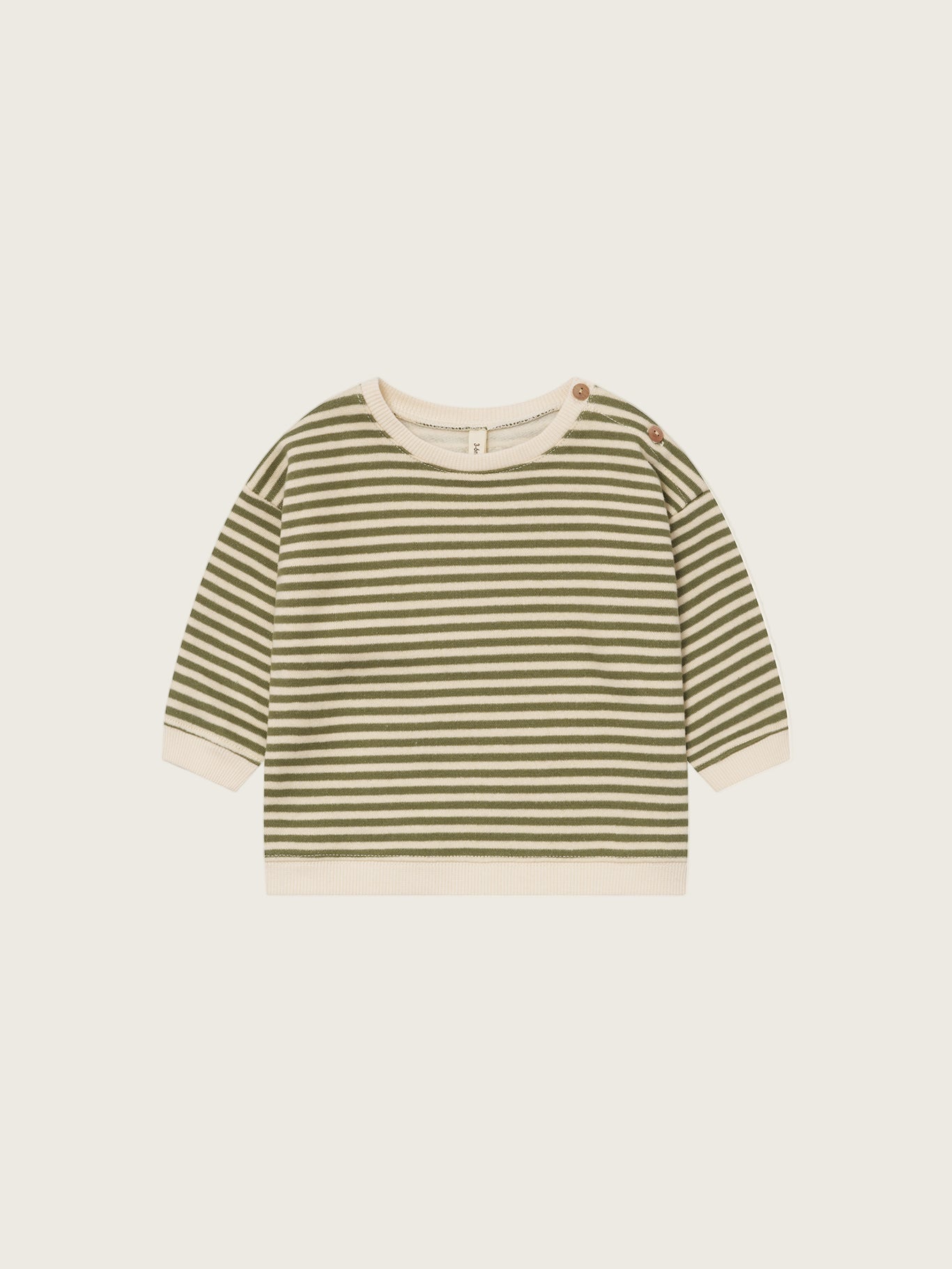 baby organic cotton sweatshirt in green and white stripes with two shoulder buttons