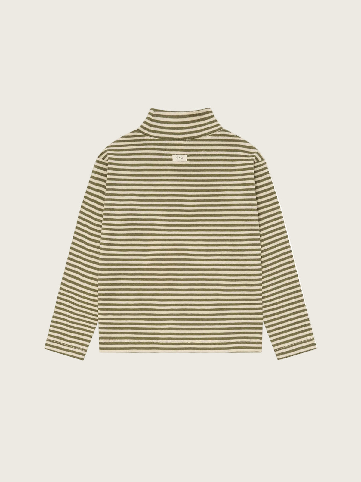 A long-sleeve mock neck top with horizontal olive green and beige stripes, shown flat against a white background.