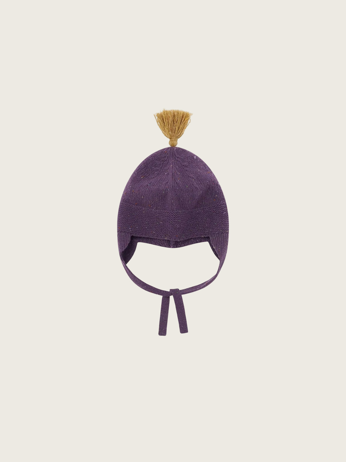 Purple knitted beanie on a white background