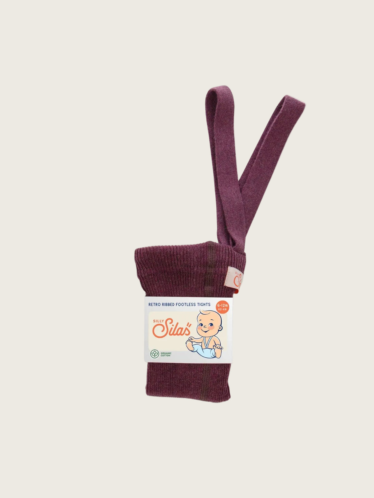 A pair of folded burgundy ribbed baby tights in their original paper packaging, displayed against a solid white background.